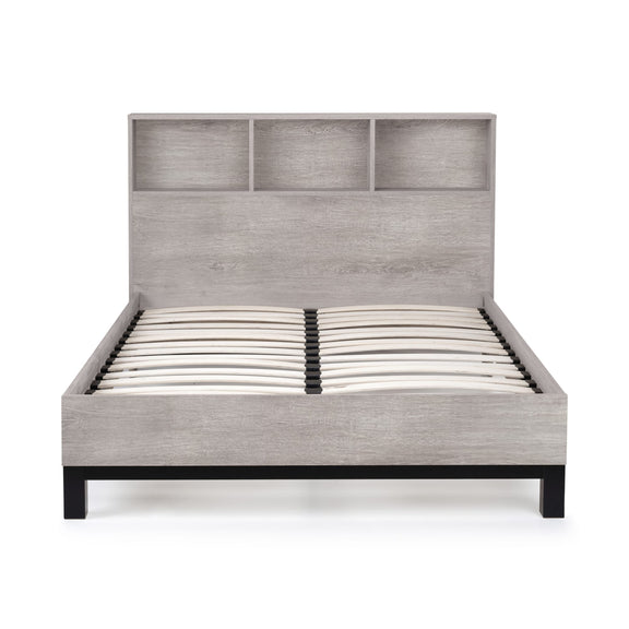 Gray upholstered bed with bookshelf headboard on a white background