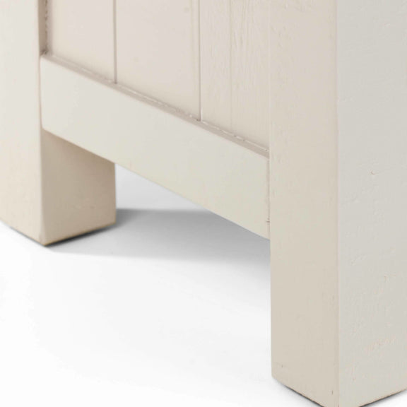 Close-up of a white cabinet corner on a light gray background