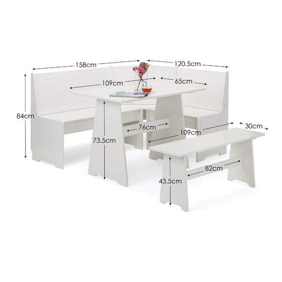 White dining set with dimensions labeled on a white background