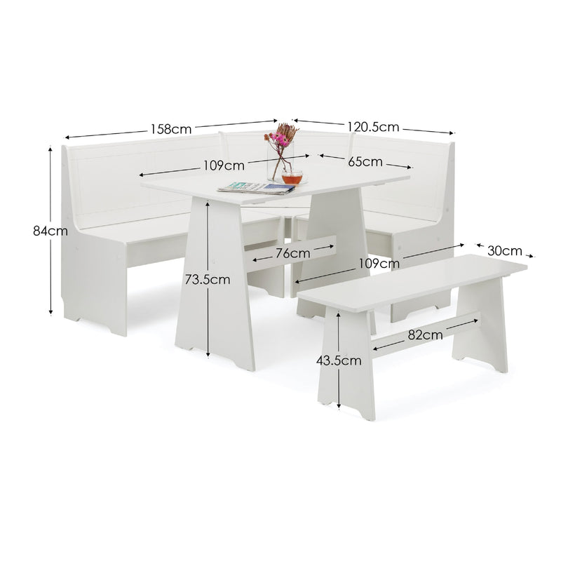 White dining set with dimensions labeled on a white background
