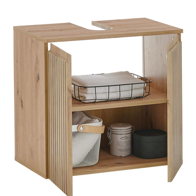 Wooden laundry cabinet with shelves and baskets on a white background