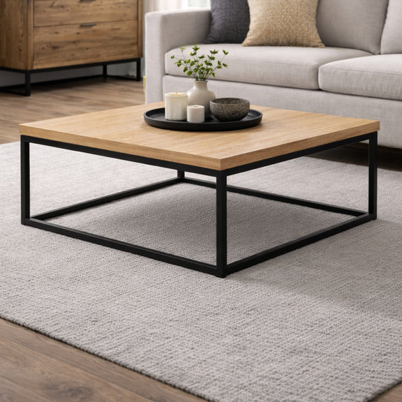Wooden coffee table with black metal frame in a living room setting