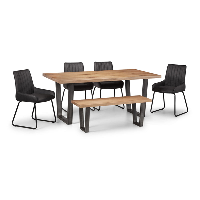 Dining set with wooden table and bench, surrounded by black chairs on a white background