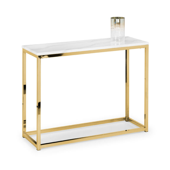 Console table with gold frame and white marble top on a white background