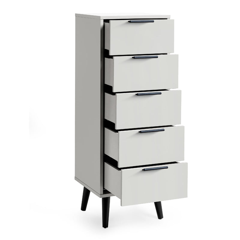 White dresser with five drawers on a white background