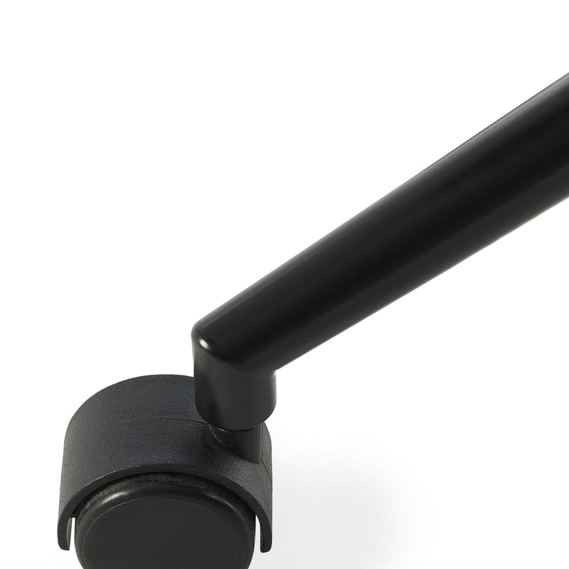Black metal arm and caster wheel on a white background