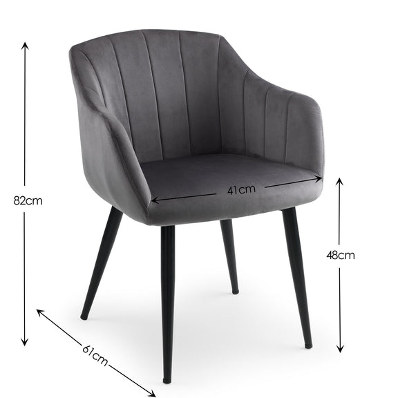 Gray armchair with dimensions marked on a white background