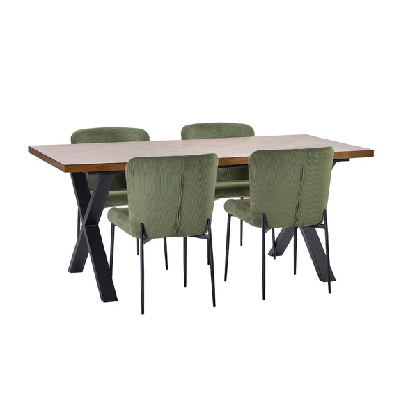 Dining table with four green chairs on a white background