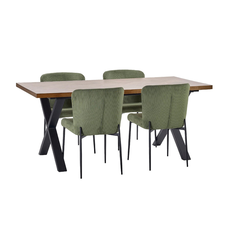 Dining table with four green chairs on a white background