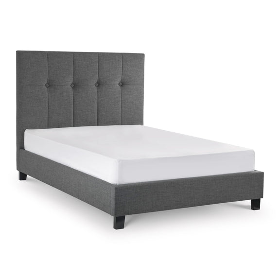Gray upholstered bed frame with white mattress on a white background