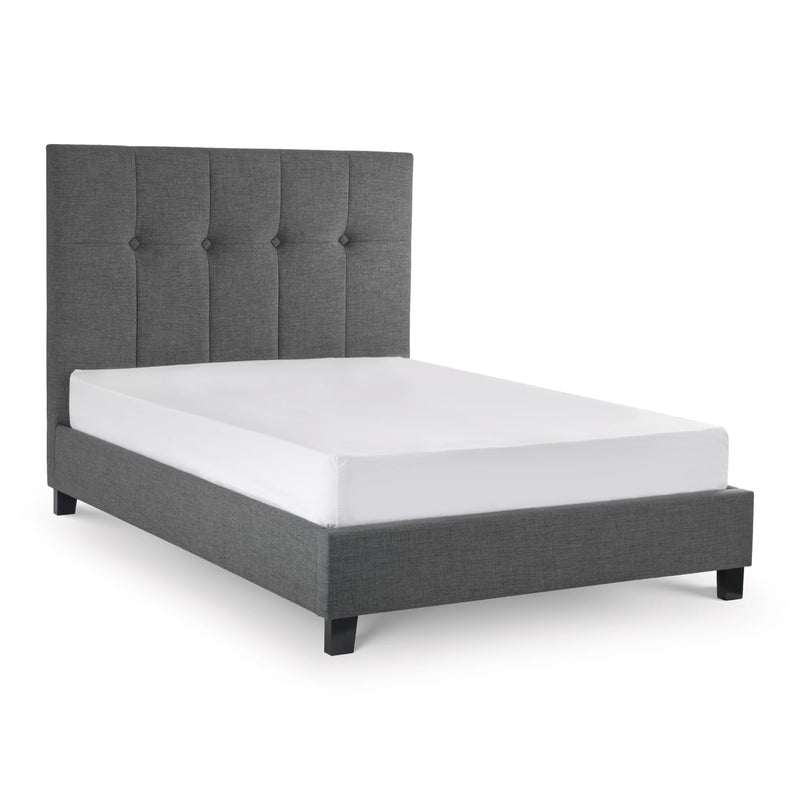 Gray upholstered bed frame with white mattress on a white background