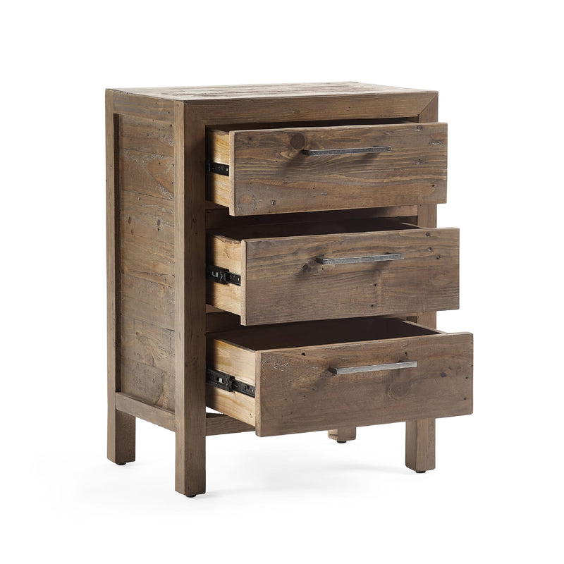Wooden dresser with three drawers on a white background