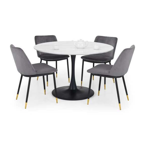 Dining set with round table and four gray chairs on a white background
