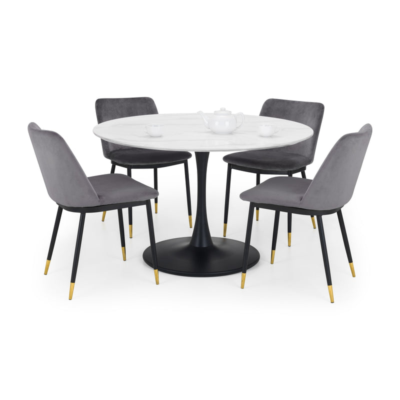 Dining set with round table and four gray chairs on a white background