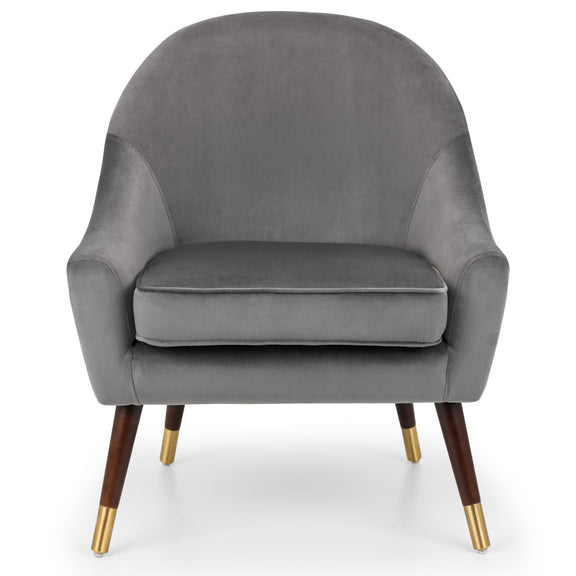 Gray armchair with wooden legs and gold accents on a white background