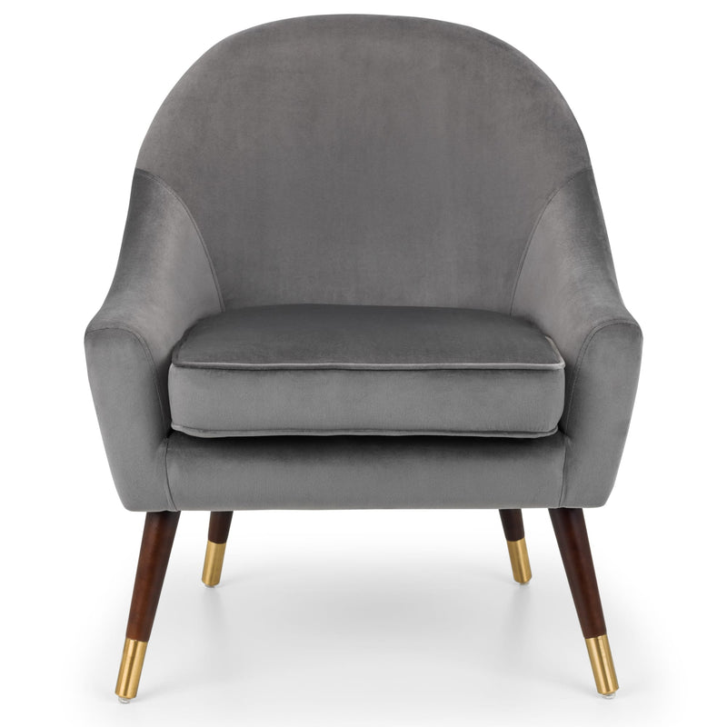 Gray armchair with wooden legs and gold accents on a white background