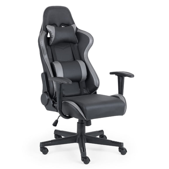 Black and gray office chair with ergonomic design on a white background