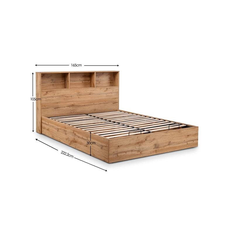 Wooden bed frame with dimensions on a white background