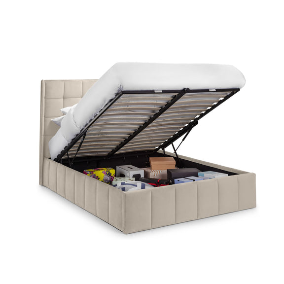 Beige upholstered bed with open headboard showing storage space on a white background