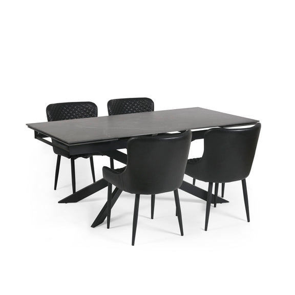 Black dining table with four matching chairs on a white background