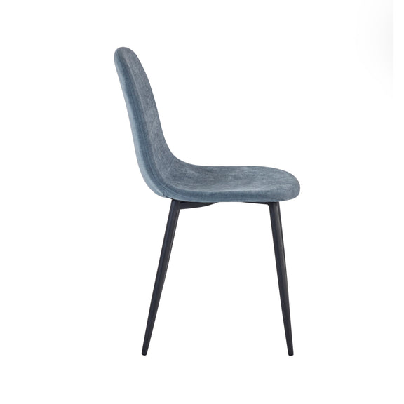 Gray upholstered chair with black metal legs on a white background