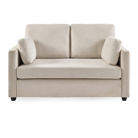 Beige sofa with two cushions on a white background