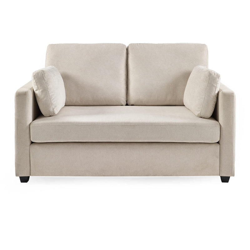 Beige sofa with two cushions on a white background