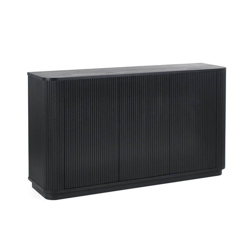 Black rectangular cabinet with tambour doors on a white background