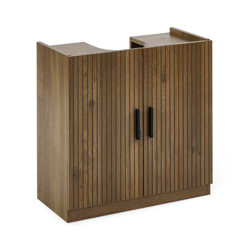 Wooden reception desk with two doors on a white background