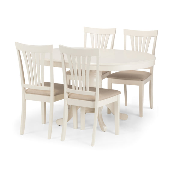Dining table set with four chairs on a white background