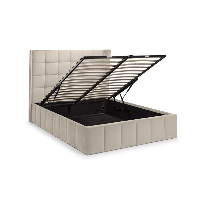 Beige upholstered bed frame with open storage compartment on a white background