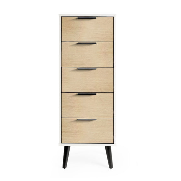 Four-drawer cabinet with light wood finish and black handles on a white background