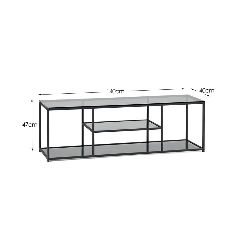 Glass coffee table with dimensions on a white background