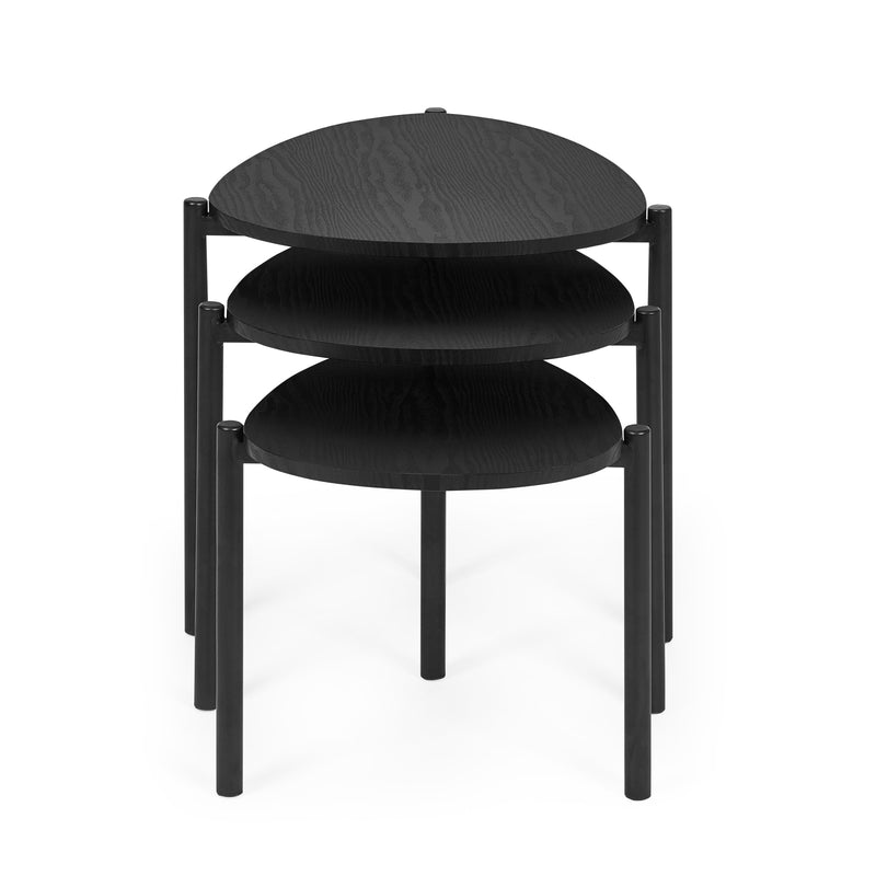 Set of three black nesting tables on a white background