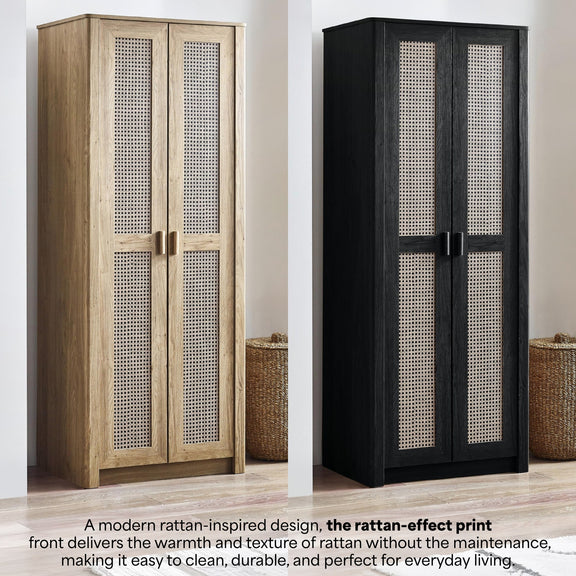 Two tall wardrobes, one wooden and one black, with rattan-effect print doors on a neutral background.