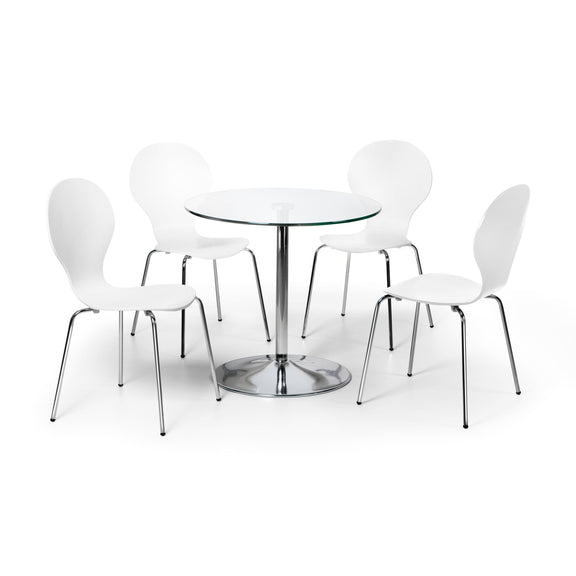 Round glass dining table with four white chairs on a white background