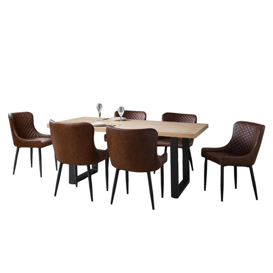 Dining table set with six brown chairs on a white background