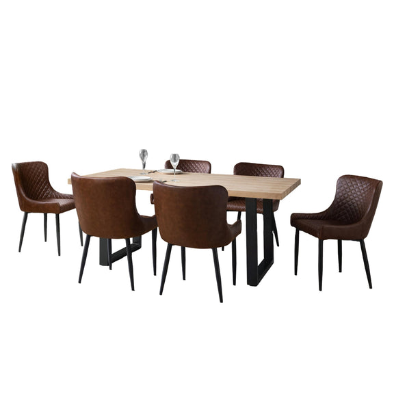Dining table set with six brown chairs on a white background