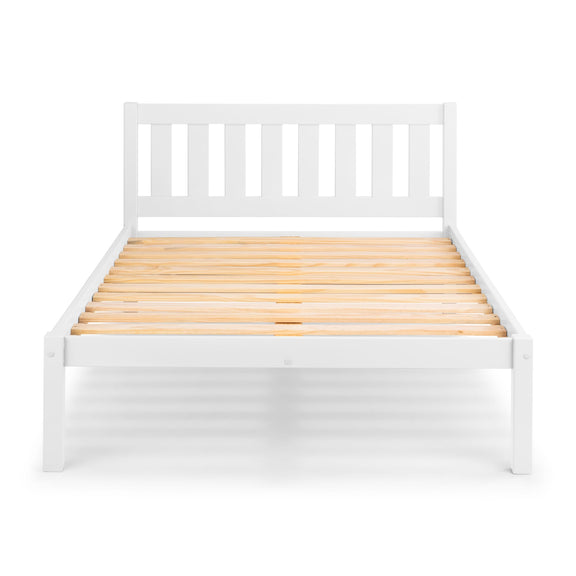 White wooden bed frame with a slatted design on a white background