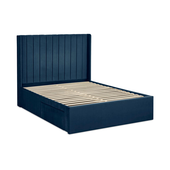 Navy blue bed frame with wooden slats on a white background