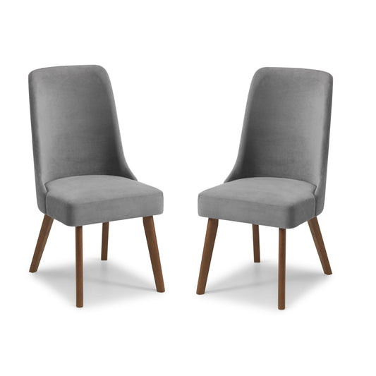 Two gray upholstered chairs with wooden legs on a white background