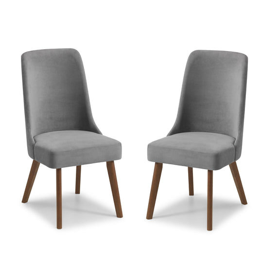 Two gray upholstered chairs with wooden legs on a white background