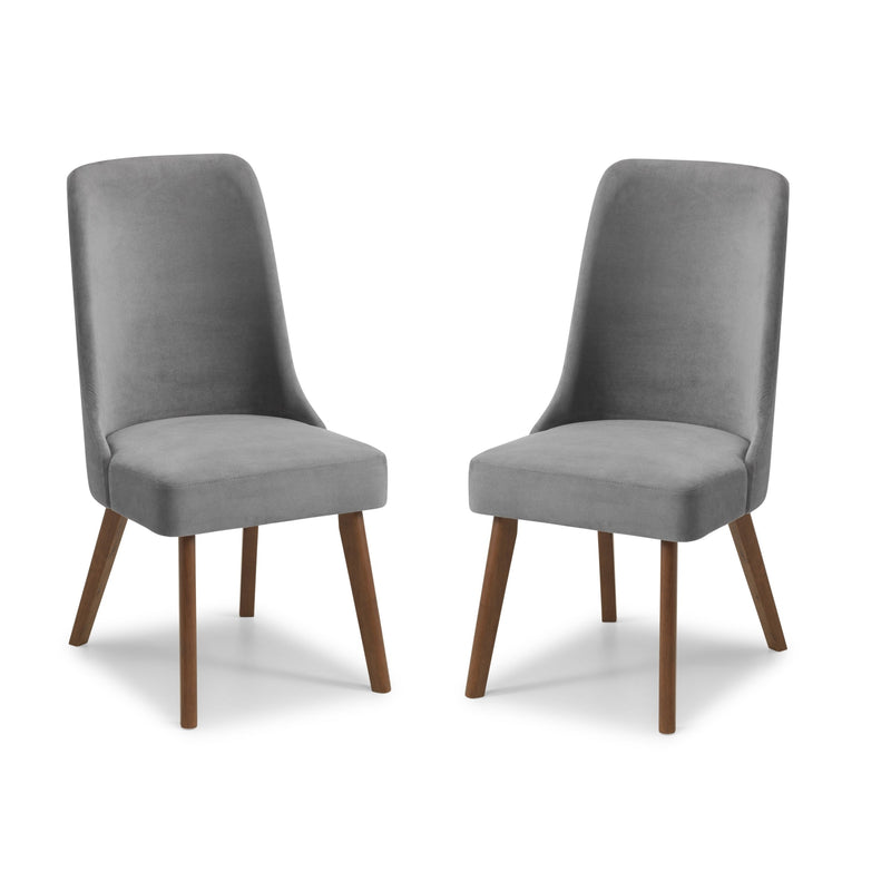 Two gray upholstered chairs with wooden legs on a white background