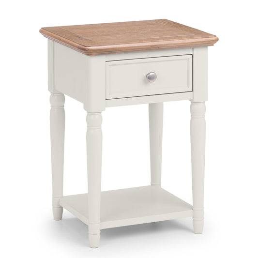Small wooden side table with a white base and a wooden top on a white background