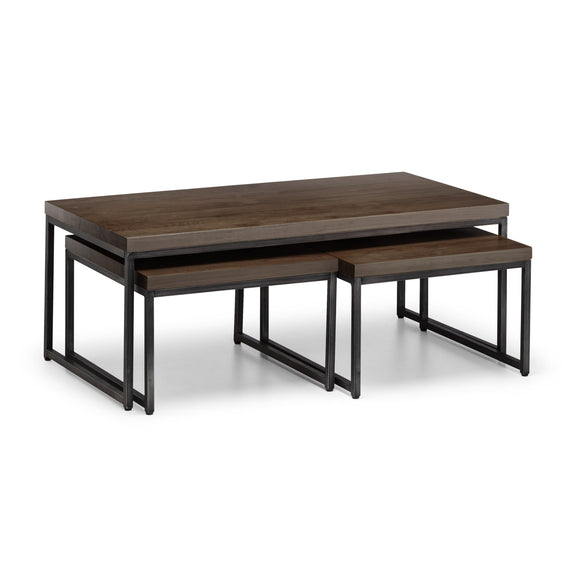 Set of two wooden tables with metal legs on a white background