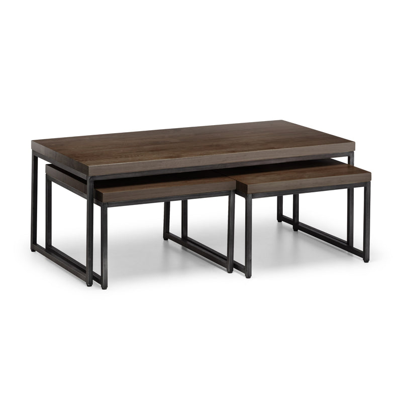 Set of two wooden tables with metal legs on a white background