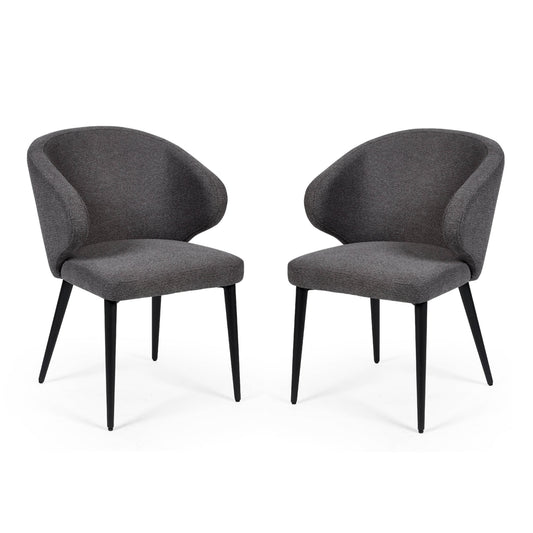 Two gray upholstered chairs with black legs on a white background