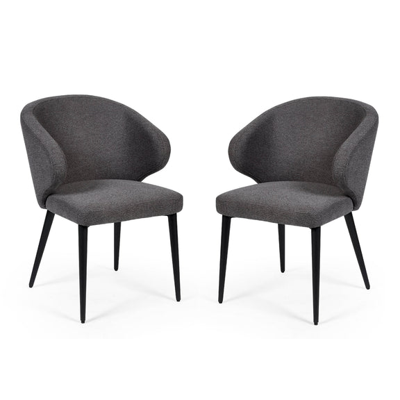 Two gray upholstered chairs with black legs on a white background