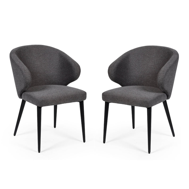 Two gray upholstered chairs with black legs on a white background