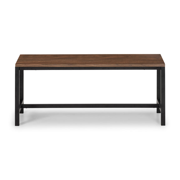 Wooden table with black metal legs on a white background